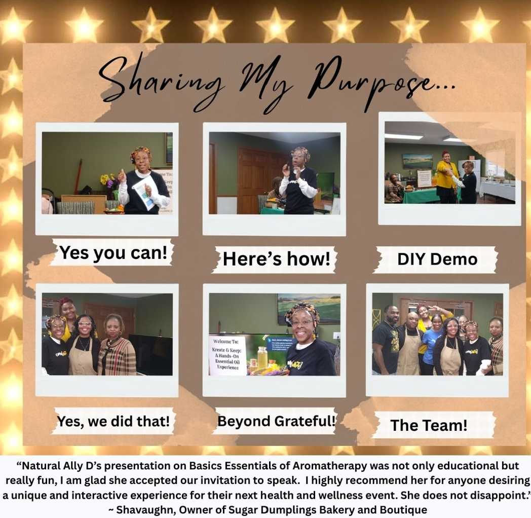 Sharing My Purpose photo collage from the Be Sweet to Yourself event showing Dani presenting, a DIY demo, the Kreate and Keep welcome sign and the event team, with a testimonial from Shavaughn, owner of Sugar Dumplings Bakery and Boutique