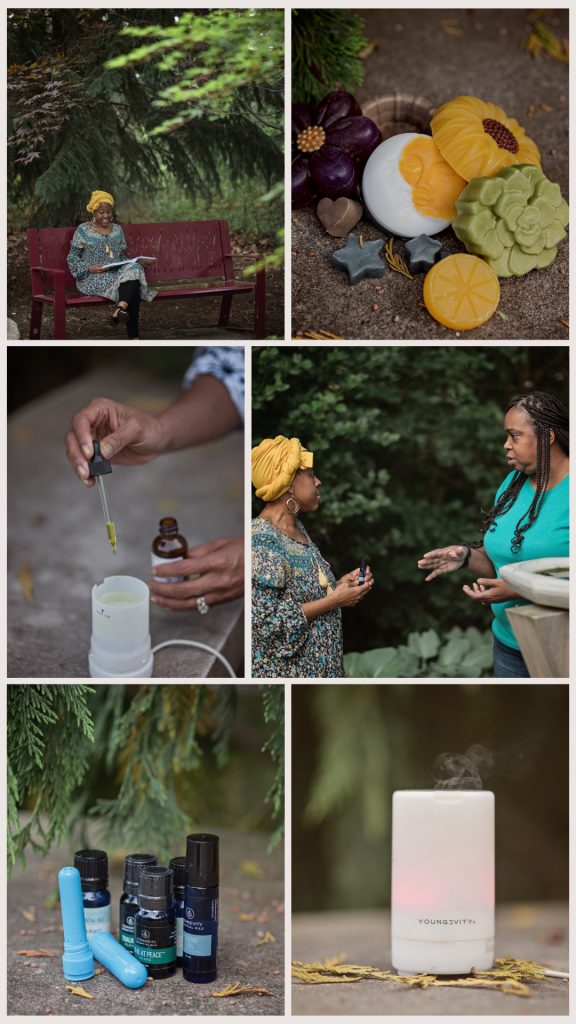 Collage of aromatherapy scenes: reading outdoors, botanical ingredients, blending oils, a client consultation, oil bottles and a diffuser