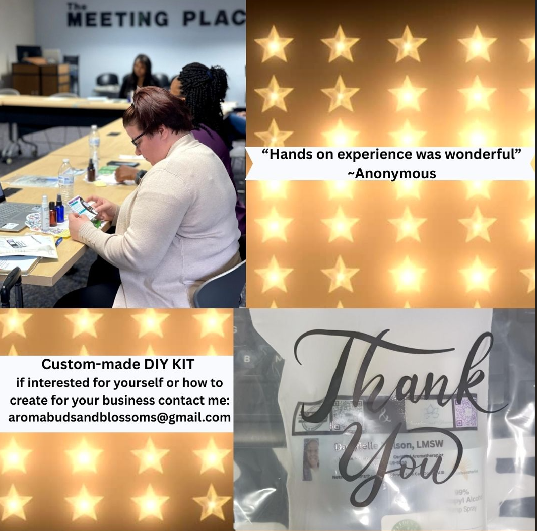 Photo collage from the Notary Bootcamp showing a guest reading kit instructions at a table of supplies, a Thank You gift bag, and the quote Hands on experience was wonderful